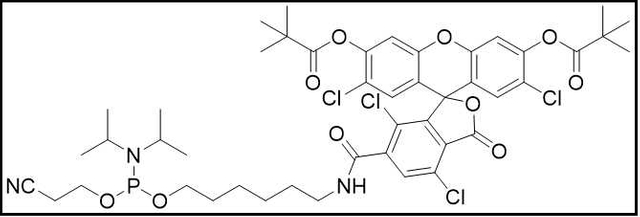 TET Dye Amidite (5'-Tetrachloro-Fluorescein Phosphoramidite); 6-(4, 7, 2', 7'-Tetrachloro-3', 6'-dipivaloylfluoresceinyl-6-carboxamido)-hexyl-1-O-[(2-cyanoethyl)-(N, N-diisopropyl)]-phosphoramidite)